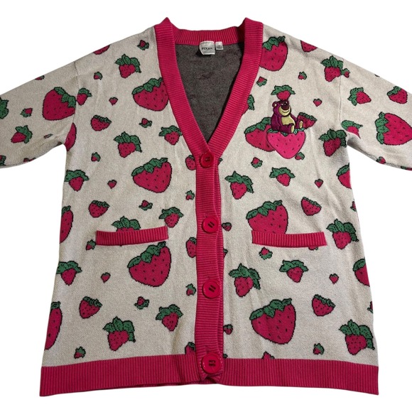Pixar Lotso‎ Strawberry Cardigan Sweater Disney Knit Pink Large - Picture 1 of 10